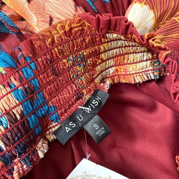 Y2K Fall Floral Maxi Dress S | Off Shoulder Burgundy Boho Cottagecore Prairie - Picture 9 of 9